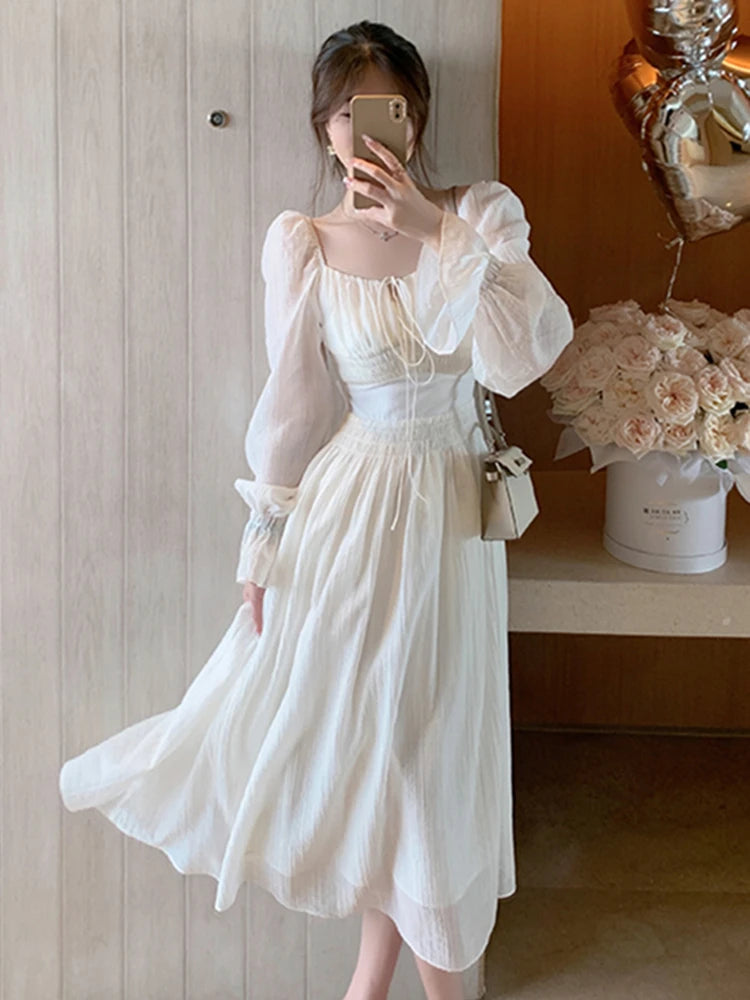 Elegant Long Sleeve Midi Dress Spring Summer Women New Fashion White Party Holiday Backless Prom Mixi Clothes Vestidos Robe