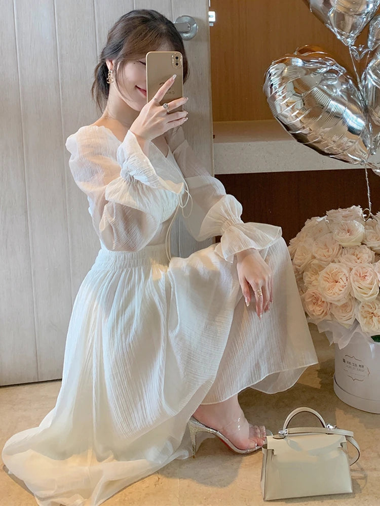 Elegant Long Sleeve Midi Dress Spring Summer Women New Fashion White Party Holiday Backless Prom Mixi Clothes Vestidos Robe