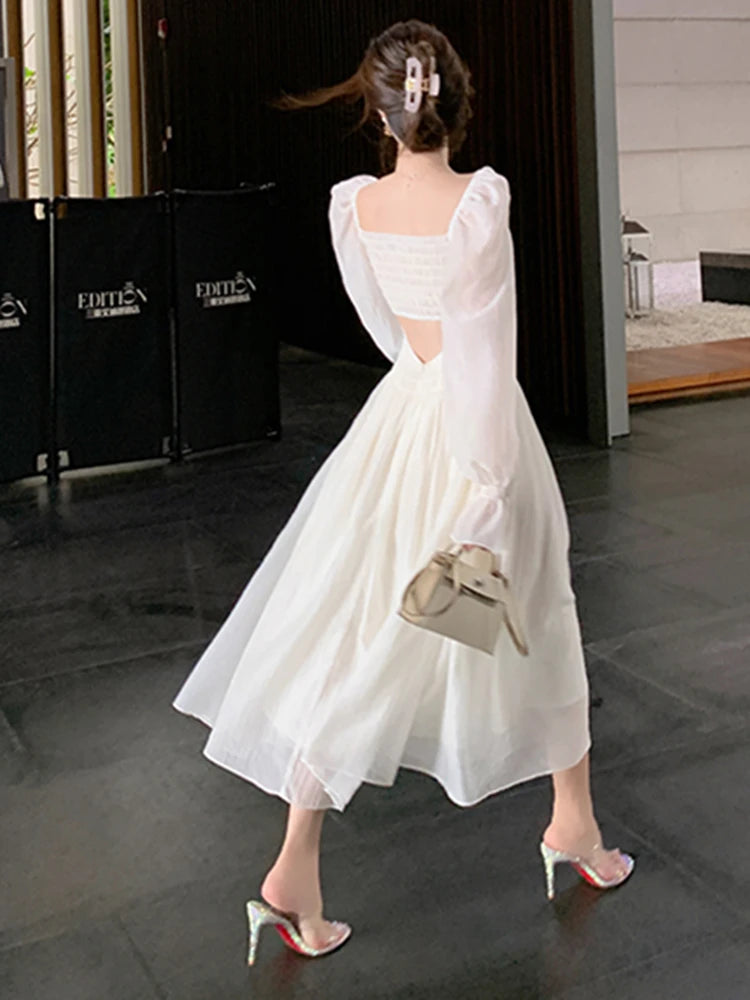 Elegant Long Sleeve Midi Dress Spring Summer Women New Fashion White Party Holiday Backless Prom Mixi Clothes Vestidos Robe