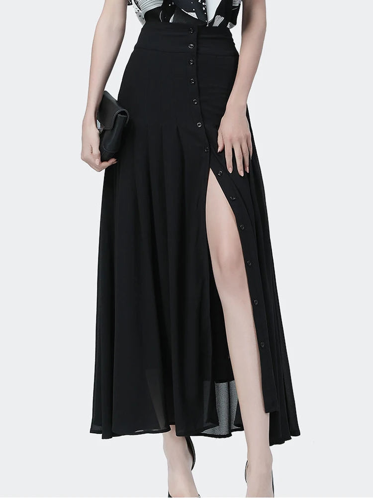 Elegant Mid-length Skirt All-match High-waist Sexy Button Slit Mesh Long Gauze Skirts for Women Summer Pleated Skirts Black