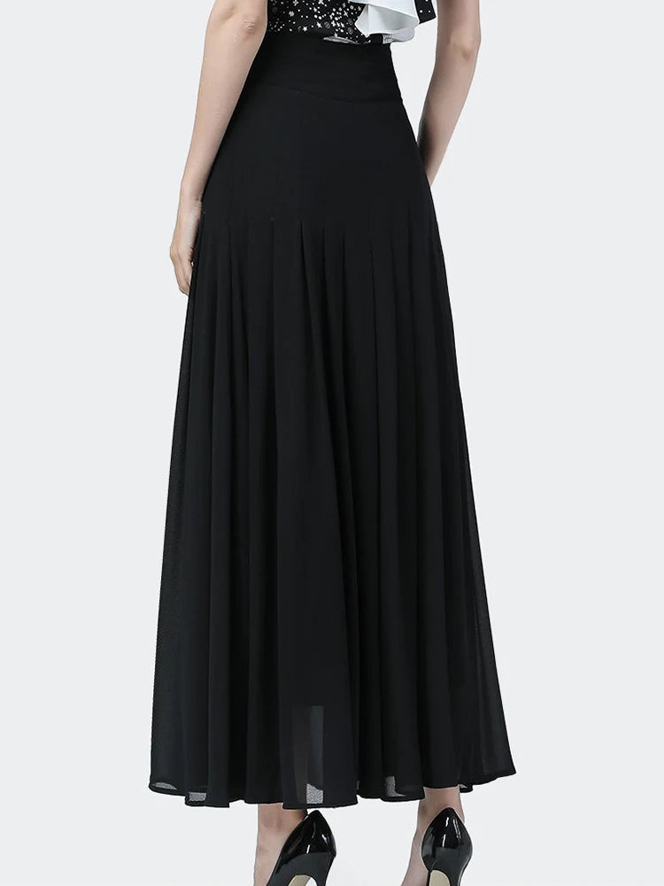 Elegant Mid-length Skirt All-match High-waist Sexy Button Slit Mesh Long Gauze Skirts for Women Summer Pleated Skirts Black