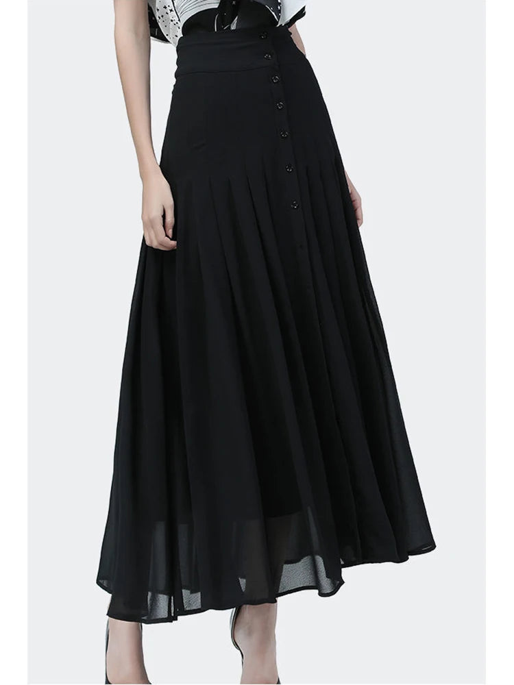 Elegant Mid-length Skirt All-match High-waist Sexy Button Slit Mesh Long Gauze Skirts for Women Summer Pleated Skirts Black