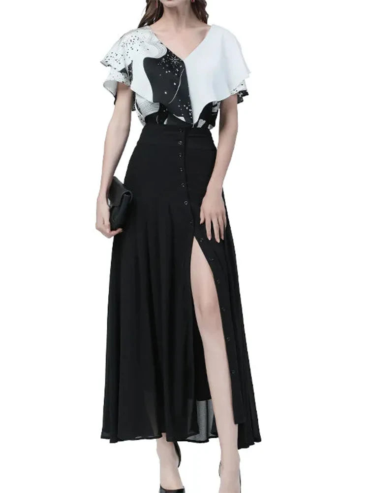 Elegant Mid-length Skirt All-match High-waist Sexy Button Slit Mesh Long Gauze Skirts for Women Summer Pleated Skirts Black