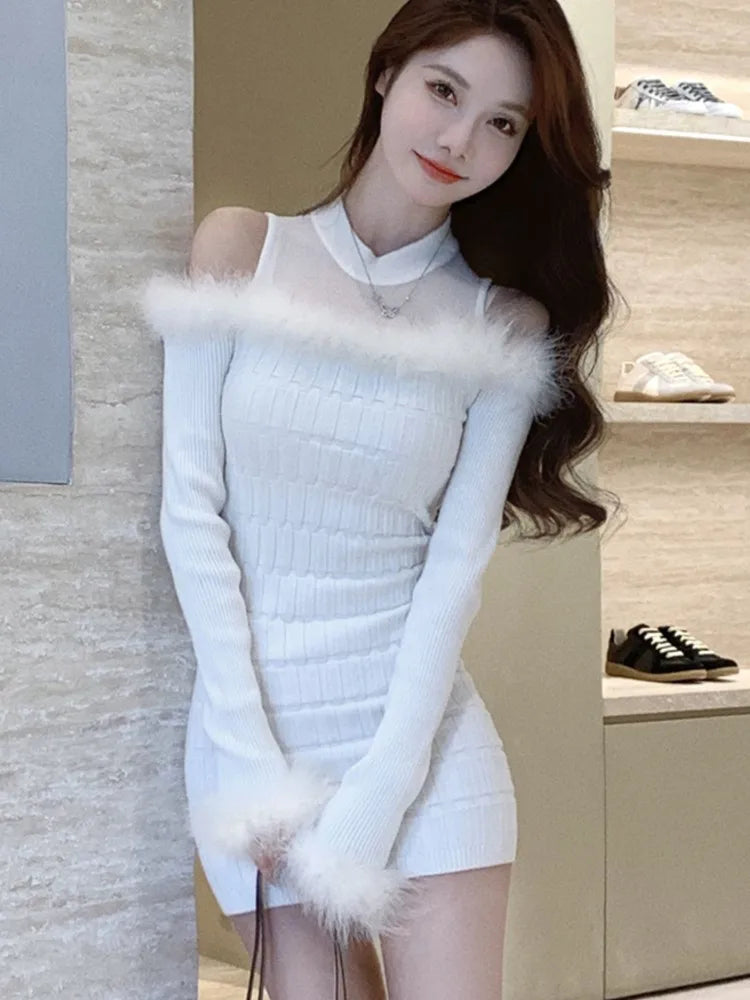 Elegant Mini Knitted Dress Women Faux Fur Patchwork Long Sleeve Wrapped Hip Autumn Spring Korean Fashion Evening Party Vestidos