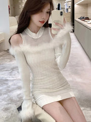 Elegant Mini Knitted Dress Women Faux Fur Patchwork Long Sleeve Wrapped Hip Autumn Spring Korean Fashion Evening Party Vestidos