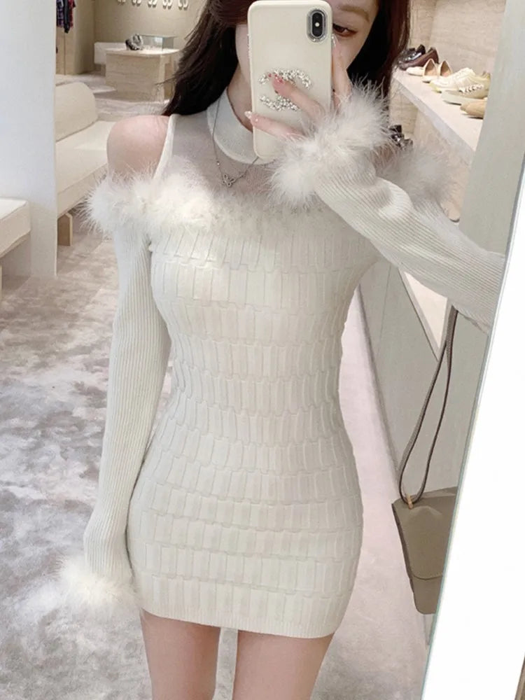 Elegant Mini Knitted Dress Women Faux Fur Patchwork Long Sleeve Wrapped Hip Autumn Spring Korean Fashion Evening Party Vestidos