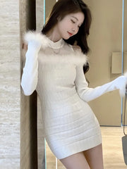 Elegant Mini Knitted Dress Women Faux Fur Patchwork Long Sleeve Wrapped Hip Autumn Spring Korean Fashion Evening Party Vestidos