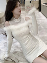 Elegant Mini Knitted Dress Women Faux Fur Patchwork Long Sleeve Wrapped Hip Autumn Spring Korean Fashion Evening Party Vestidos