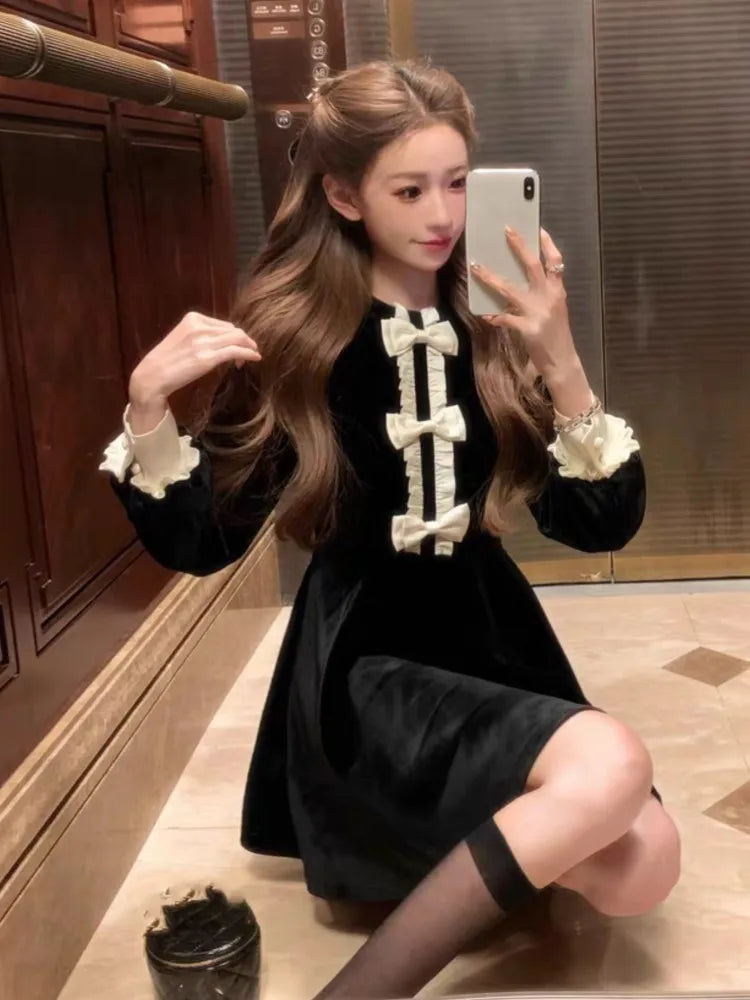 Elegant Patchwork Velet Mini Dress Women Bow Long Sleeves O-Neck A-Line Autumn French Vintage Evening Party Vestidos Mujer New