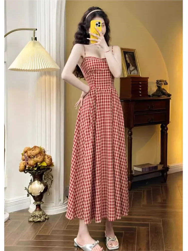 Elegant Plaid Midi Dress Women French Vintage Spaghetti Strap A-line Spring Summer Holiday Beach Style Prom Robe Vestidos Mujer