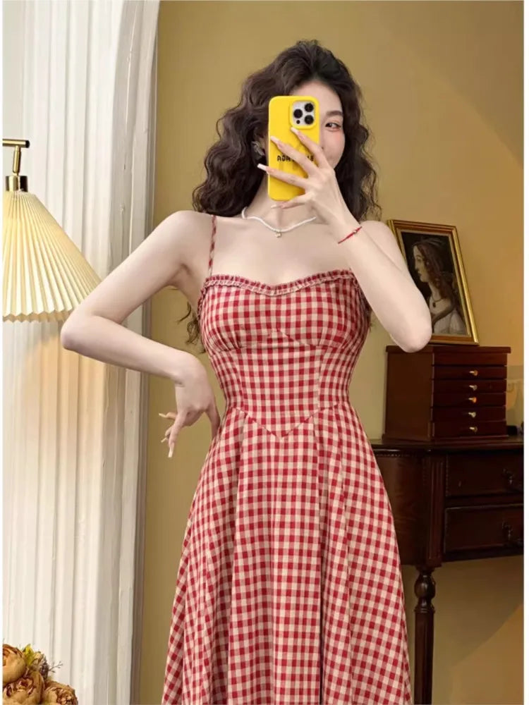 Elegant Plaid Midi Dress Women French Vintage Spaghetti Strap A-line Spring Summer Holiday Beach Style Prom Robe Vestidos Mujer