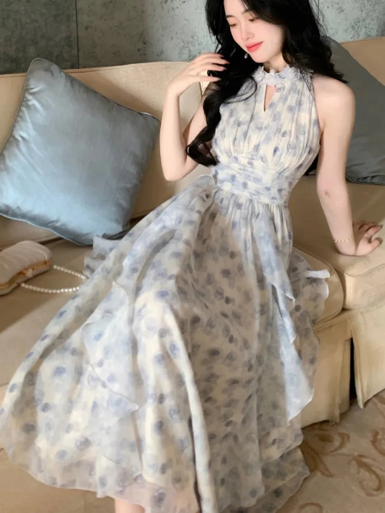 Elegant Ruffles Chiffon Midi Dress Women Halter Sleeveless A-line Fairycore Evening Party Dresses Prom Robe New Summer Vestido