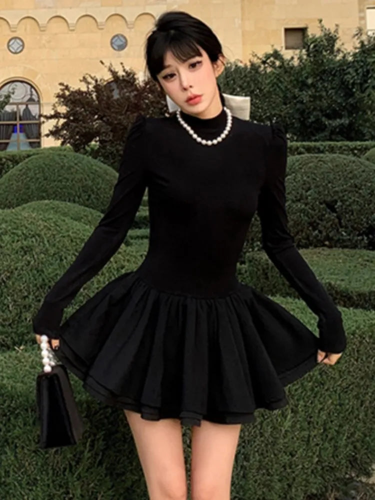 Elegant Solid Knitted Dress Women Long Sleeve Half High Collar A-line Mini Dresses Autumn Winter Birthday Party Vestidos Trend