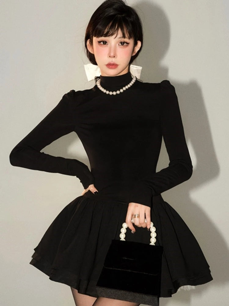 Elegant Solid Knitted Dress Women Long Sleeve Half High Collar A-line Mini Dresses Autumn Winter Birthday Party Vestidos Trend