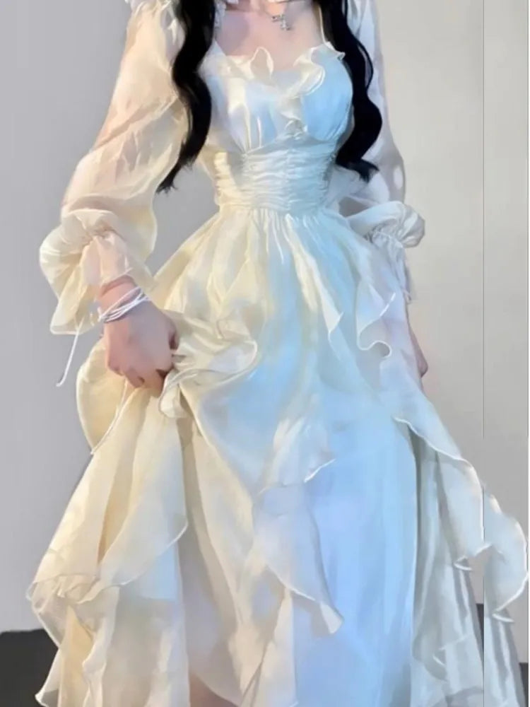 Elegant Solid Ruffles Fairy Dresses Korean Fashion Slim Wasit A Line Midi Dress Spring Summer Women Princess Party Vestidos