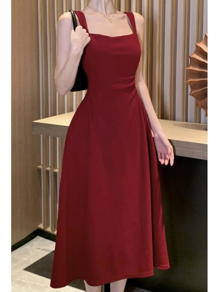 Elegant Summer Solid Midi Dress Women Spaghetti Strap Square Collar High Waist Slim Evening Party Dresses Prom Robe Vestido New