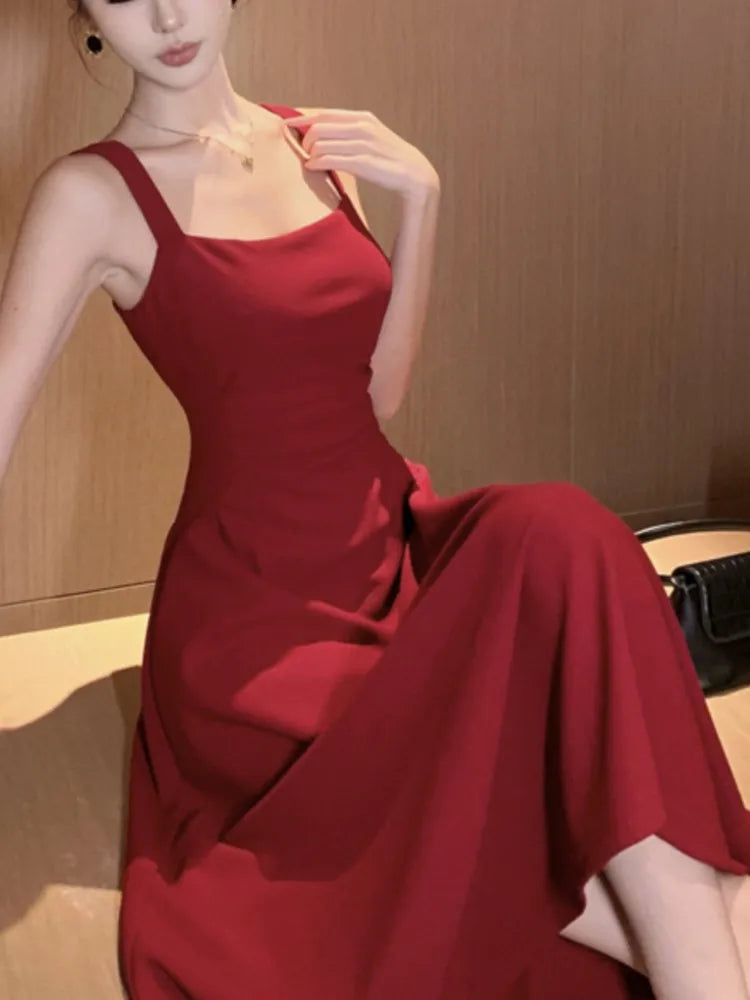 Elegant Summer Solid Midi Dress Women Spaghetti Strap Square Collar High Waist Slim Evening Party Dresses Prom Robe Vestido New