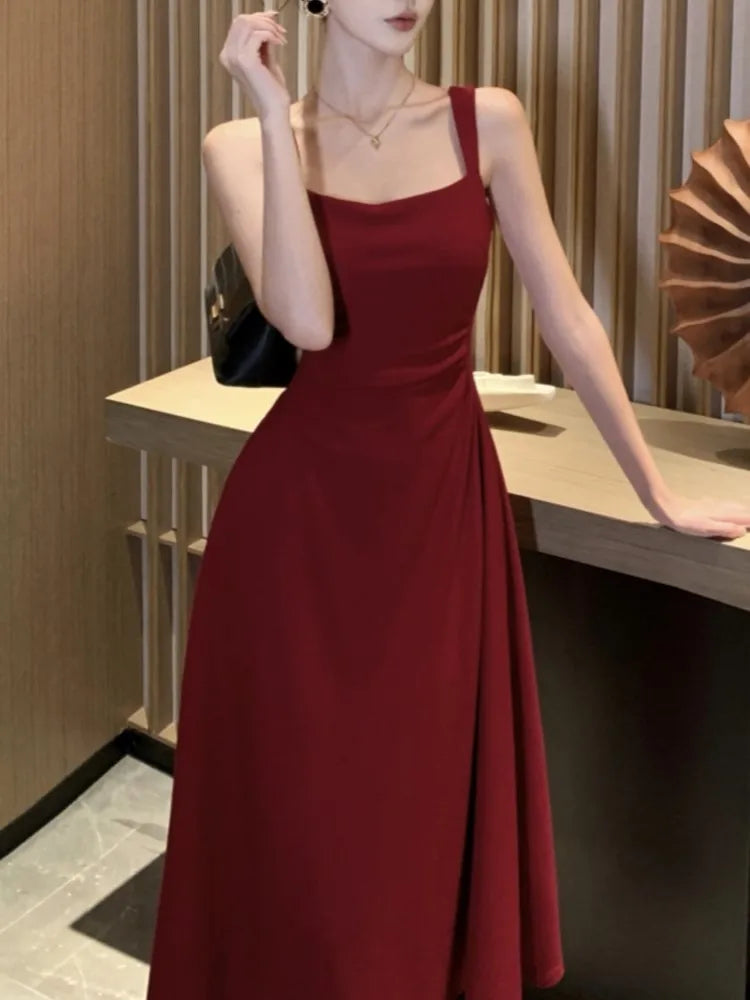 Elegant Summer Solid Midi Dress Women Spaghetti Strap Square Collar High Waist Slim Evening Party Dresses Prom Robe Vestido New