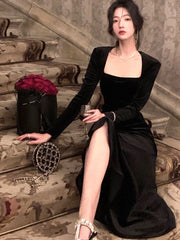 Elegant Velvet Long Dresses For Women Square Collar Slim Mermaid Autumn Winter French Evening Party Prom Robe Vestidos Mujer New