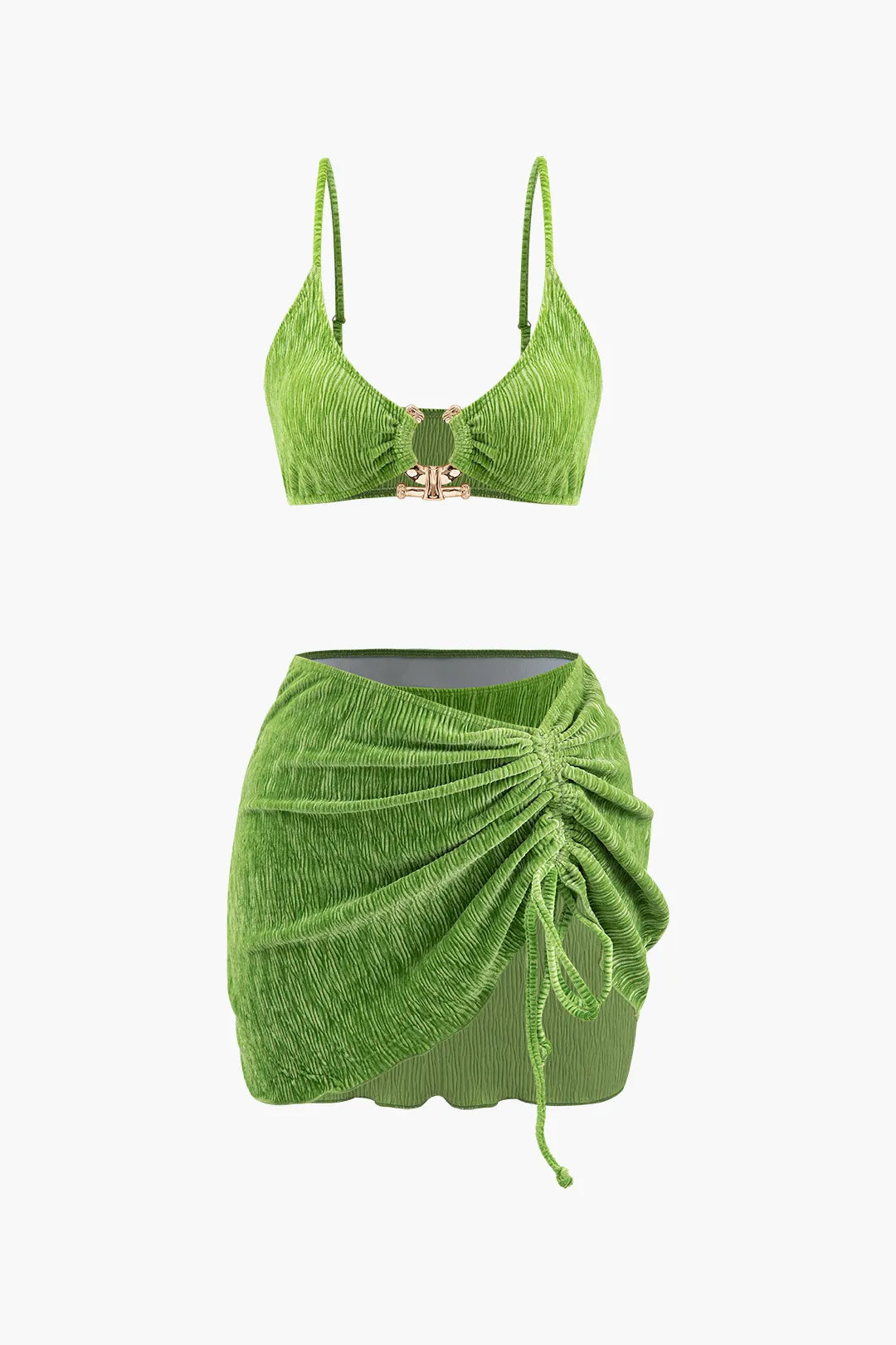 Emmi Green Velvet Textured U-ring Bikini And Sarong Three Pieces Set