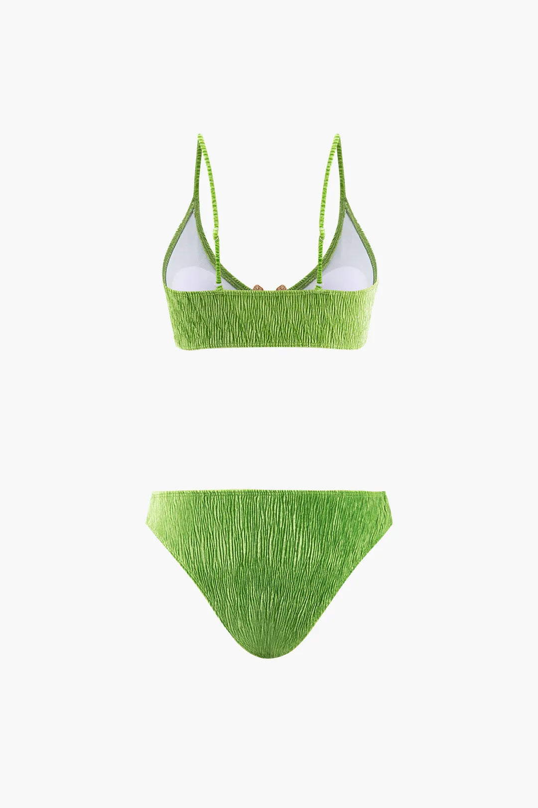 Emmi Green Velvet Textured U-ring Bikini And Sarong Three Pieces Set