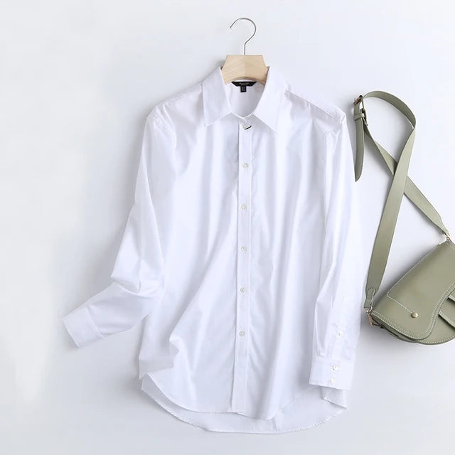 England Style Office Lady Simple Fashion Poplin Solid White Blouse Women Blusas Mujer De Moda 2024 Shirt Women Tops