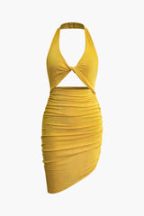 Eren Solid Yellow Twist Halter Cut Out Backless V-neck Midi Dress