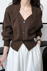 Fabia Solid Brown Patchwork V-neck Button Sweater