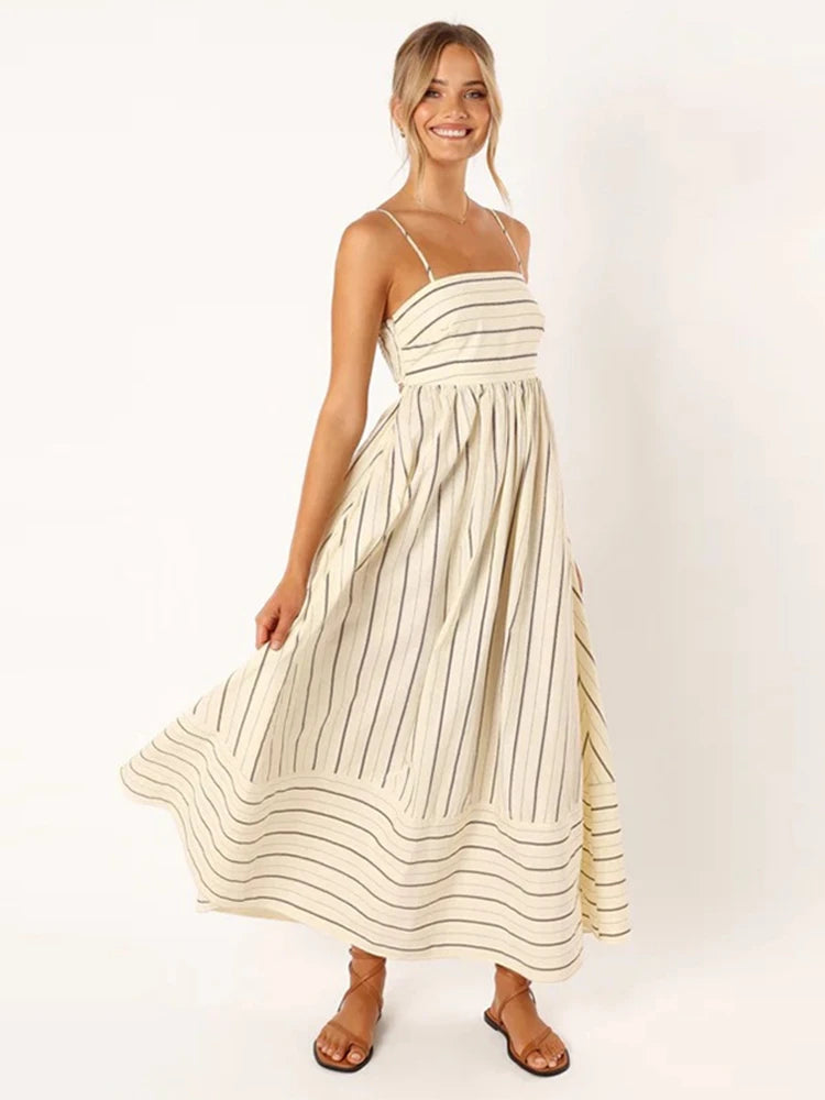 Fashion Blackless Stripe Slip Maxi Dress Women 2024 New Elegant Suspender Beach Dress Female Sleeveless Holiday Party Vestidos