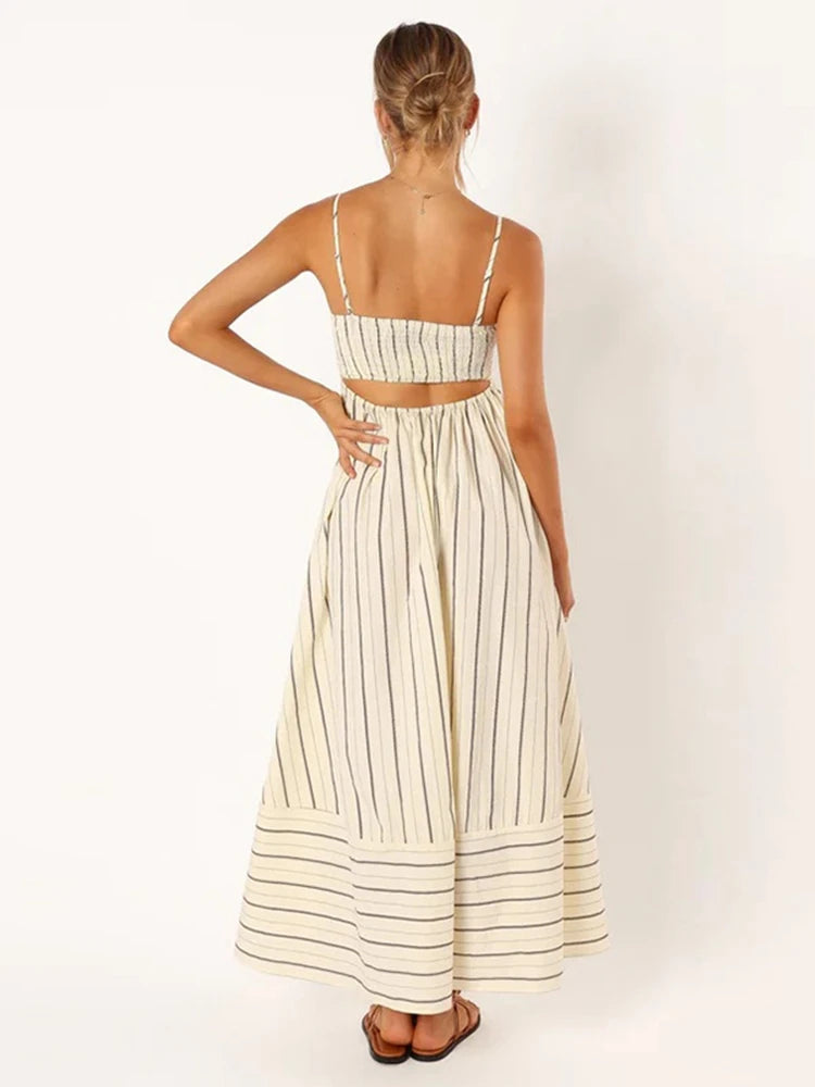 Fashion Blackless Stripe Slip Maxi Dress Women 2024 New Elegant Suspender Beach Dress Female Sleeveless Holiday Party Vestidos