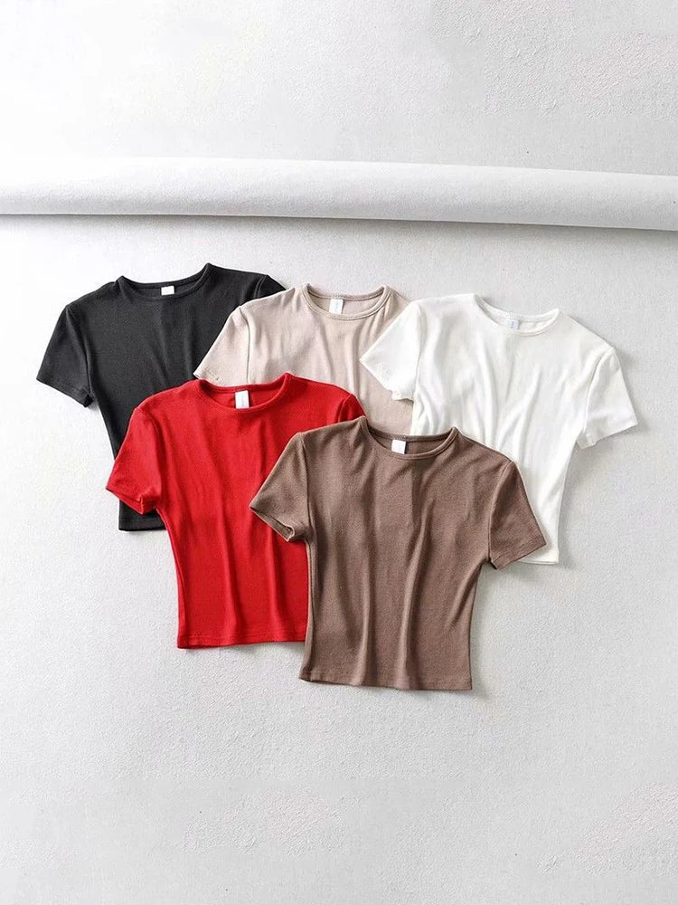 Fashion Casual 2024 Summer Woman Slim Fit t-shirt tight Cotton Short-Sleeve O-neck tee Crop Tops