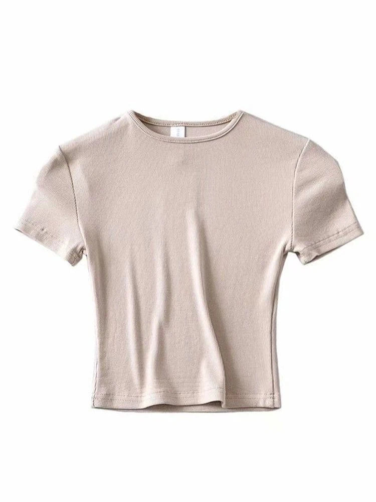 Fashion Casual 2024 Summer Woman Slim Fit t-shirt tight Cotton Short-Sleeve O-neck tee Crop Tops