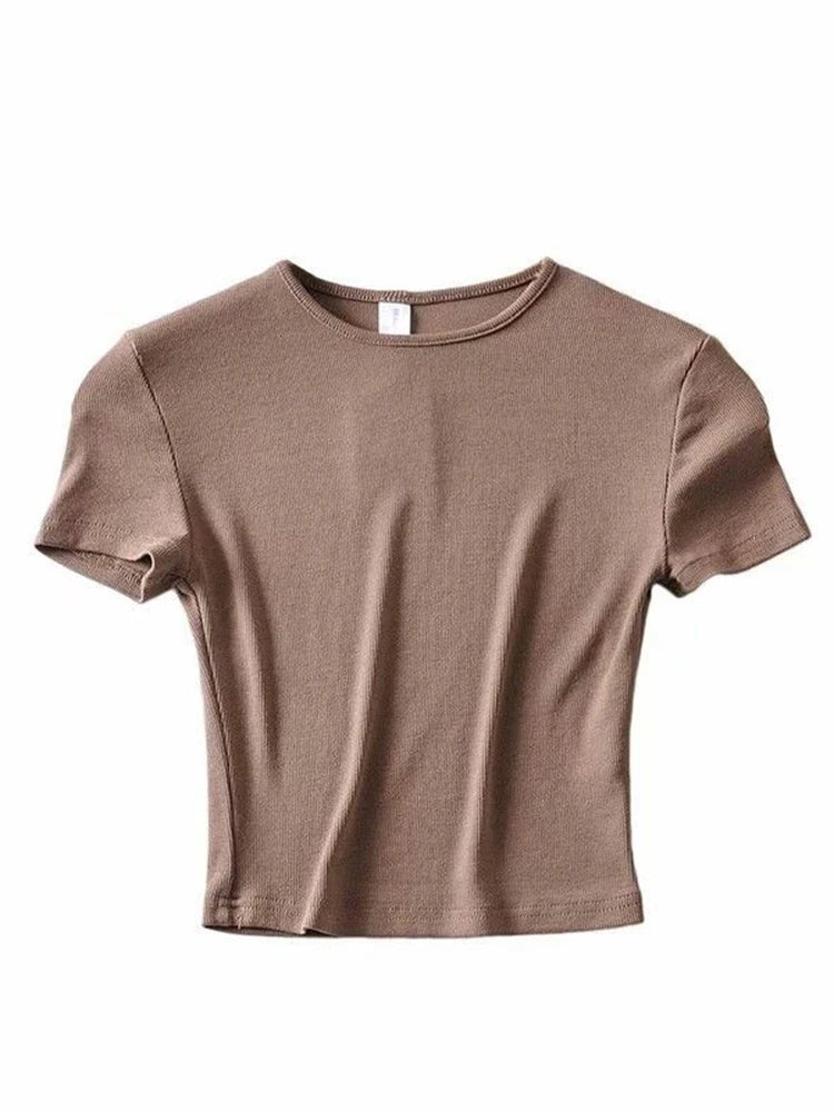 Fashion Casual 2024 Summer Woman Slim Fit t-shirt tight Cotton Short-Sleeve O-neck tee Crop Tops