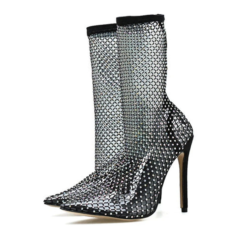 Fashion Crystal Rhinestone Mesh Summer Boots Women Sandals PVC Transparent Pointed Toe High Heels Pumps Black White