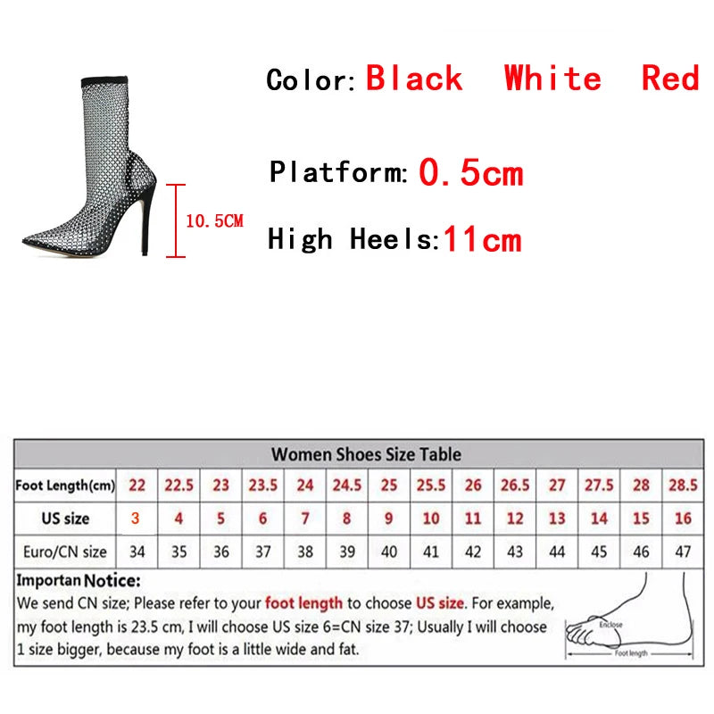 Fashion Crystal Rhinestone Mesh Summer Boots Women Sandals PVC Transparent Pointed Toe High Heels Pumps Black White