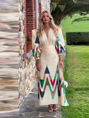 Fashion Geometric Printing Maxi Dress For Women 2004 Sping High Waist Long Sleeve Dress Female Elegant Evening Party Vestidos