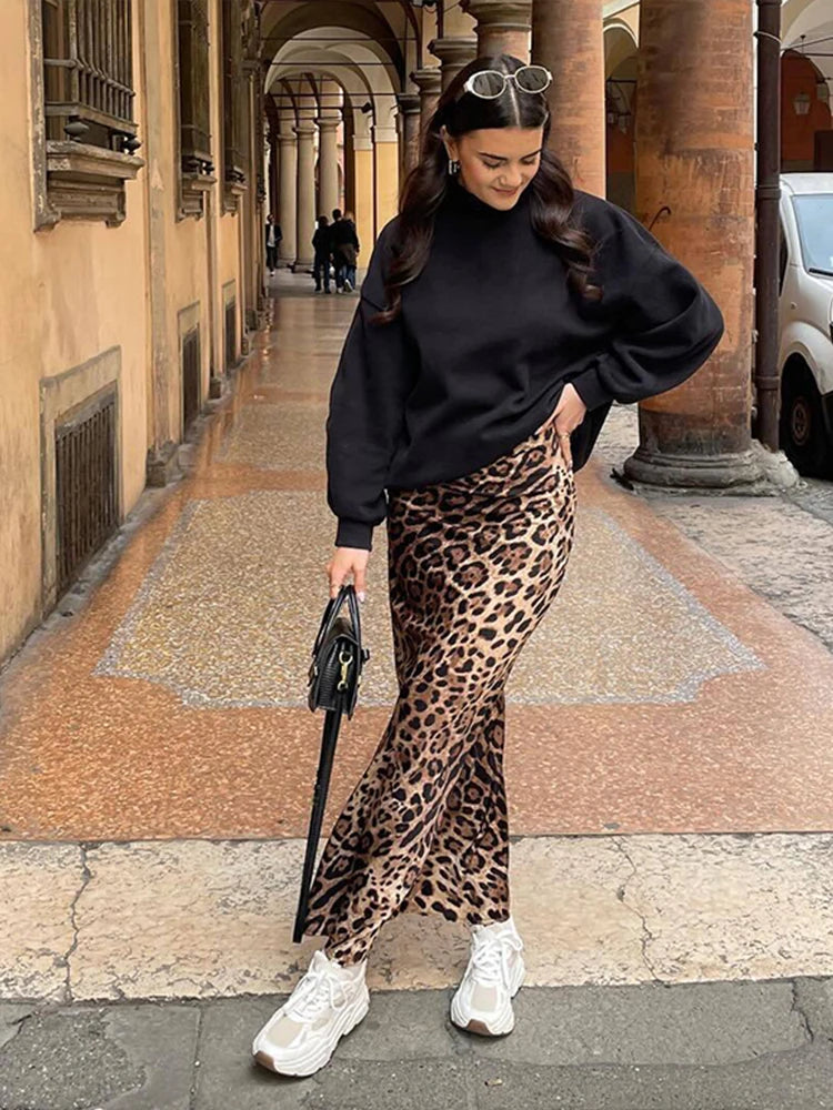 Fashion Leopard Printing Long Skirts For Women Elegant Loose High Waist Midi Skirts Female Summer Chic Lady Casual Streetwear