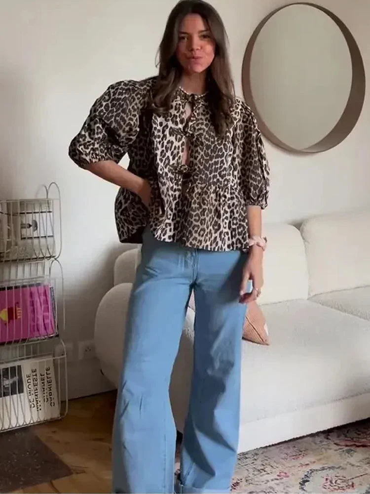 Fashion Leopard Shirts For Women 2024 Spring Loose Puff Sleeve Blouse Female Elegant Lace Up Chic Cropped Top Ruffled Streetwear