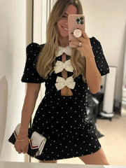 Fashion Puff Sleeve Bow Mini Dress For Women 2024 Spring Summer Solid High-waist Short Dresses Female Elegant Chic Party Looks