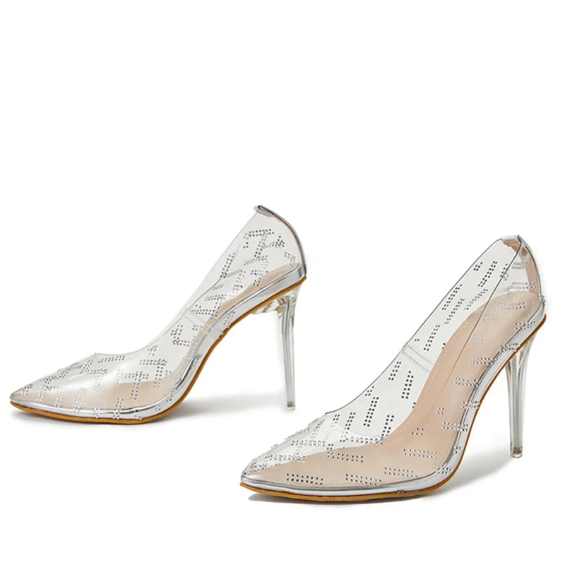 Fashion Rhinestones PVC Transparent Women Pumps Sandals Gold Sexy Pointed Toe Clear High Heels Stilettos Wedding Stripper Shoes