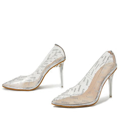 Fashion Rhinestones PVC Transparent Women Pumps Sandals Gold Sexy Pointed Toe Clear High Heels Stilettos Wedding Stripper Shoes