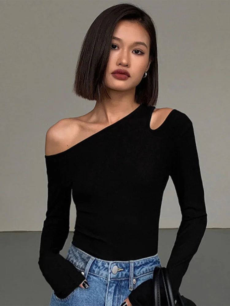 Fashion Skew Collar Off-shoulder Long-sleeved T-shirts Women Spring 2024 New Solid Slim Fit Crop Top Sexy Hollow Out Tees Shirts