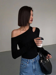 Fashion Skew Collar Off-shoulder Long-sleeved T-shirts Women Spring 2024 New Solid Slim Fit Crop Top Sexy Hollow Out Tees Shirts