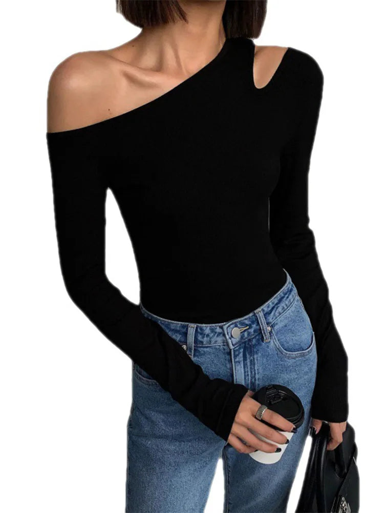 Fashion Skew Collar Off-shoulder Long-sleeved T-shirts Women Spring 2024 New Solid Slim Fit Crop Top Sexy Hollow Out Tees Shirts