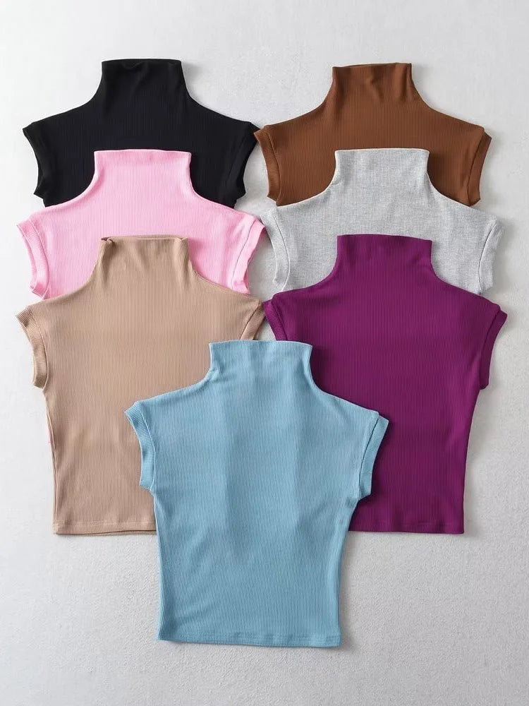 Fashion Small Turtleneck Tops 2024 Summer Woman Slim Fit T-shirt Tight Cotton Short-Sleeve Tee Tops 7 Colors