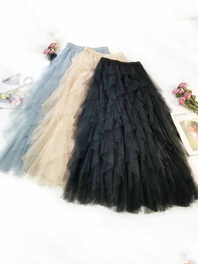 Fashion Tutu Tulle Skirt Women Long Maxi Skirt 2024 Spring Summer Korean Black Pink High Waist Pleated Skirt Female