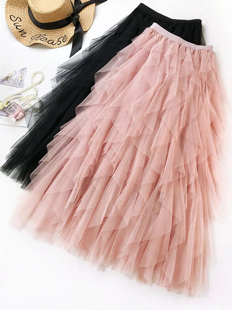 Fashion Tutu Tulle Skirt Women Long Maxi Skirt 2024 Spring Summer Korean Black Pink High Waist Pleated Skirt Female