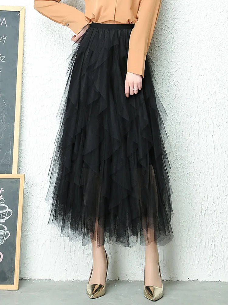 Fashion Tutu Tulle Skirt Women Long Maxi Skirt 2024 Spring Summer Korean Black Pink High Waist Pleated Skirt Female