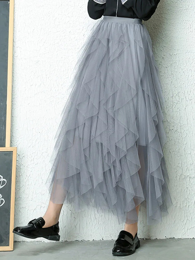 Fashion Tutu Tulle Skirt Women Long Maxi Skirt 2024 Spring Summer Korean Black Pink High Waist Pleated Skirt Female