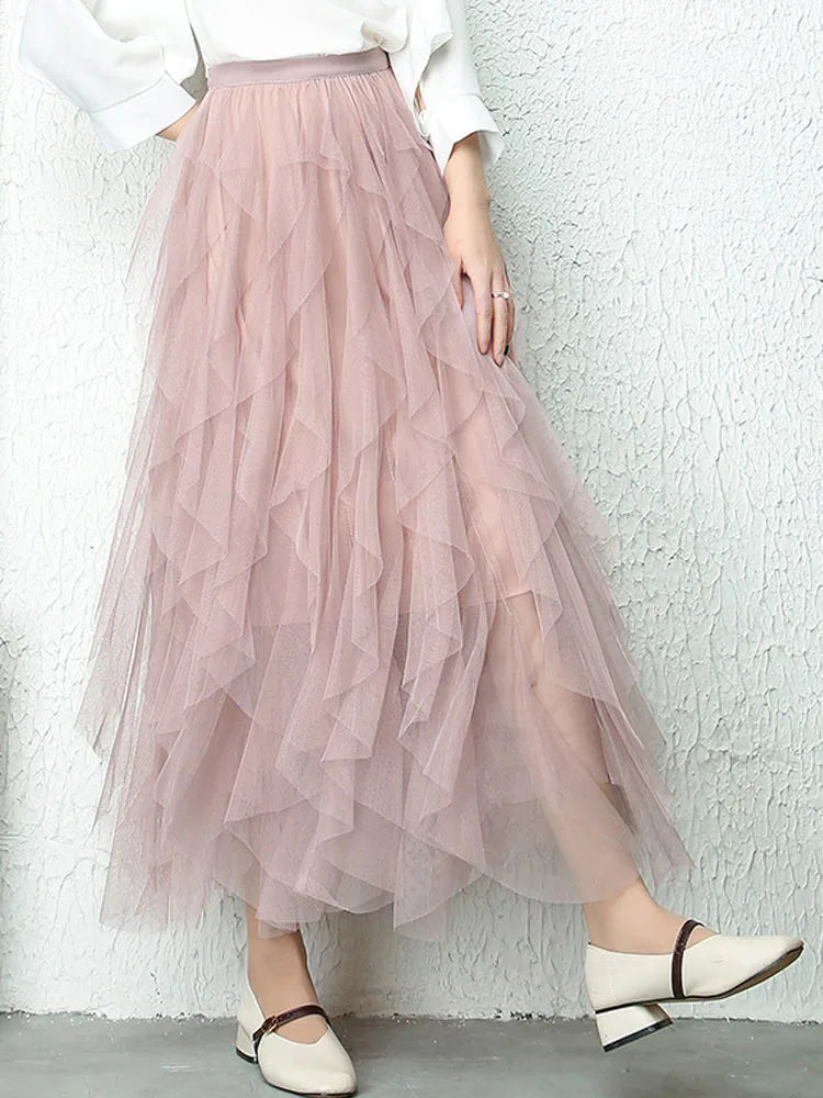 Fashion Tutu Tulle Skirt Women Long Maxi Skirt 2024 Spring Summer Korean Black Pink High Waist Pleated Skirt Female